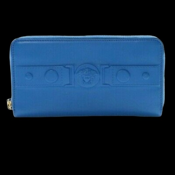 NWT Versace Long Zip Around Calf Leather  Blue Wallet - Picture 2 of 4